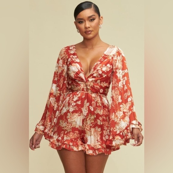 Resort Red Cut-Out Ruffle Floral Midi Romper - Picture 4 of 8